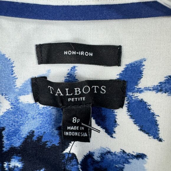 Talbots Non-Iron Blouse Women’s 8P White Blue Floral Button Down NWT - Picture 3 of 8